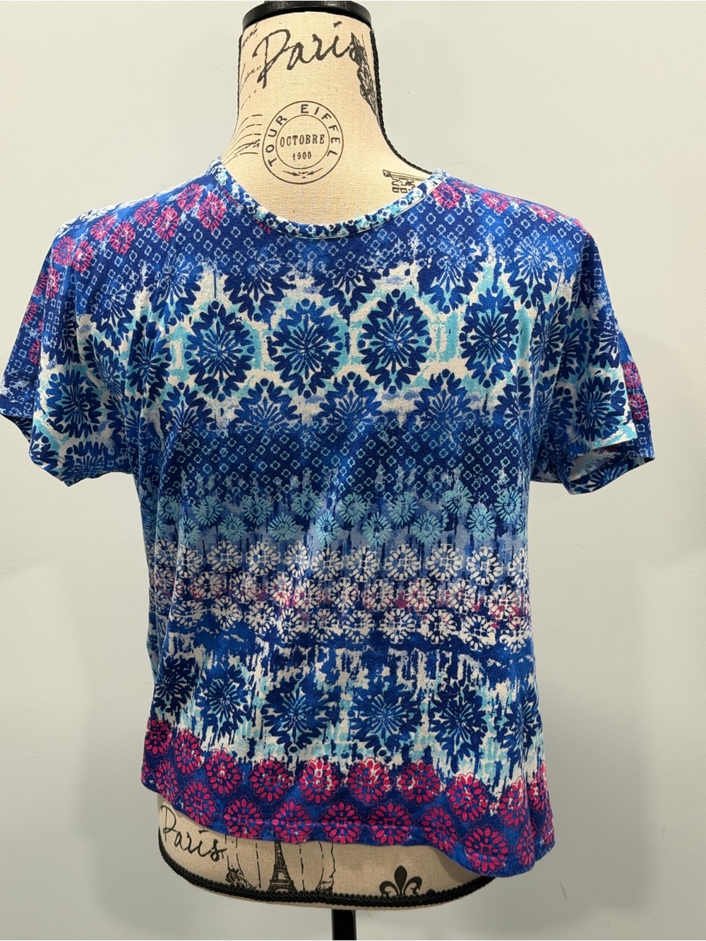 Women's Blue Floral Print Short Sleeve Top